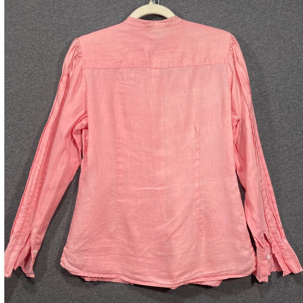 Tracy M Pink 100% Linen Pintuck Button Down Shirt Band Collar Long Sleeve Top - Picture 2 of 12